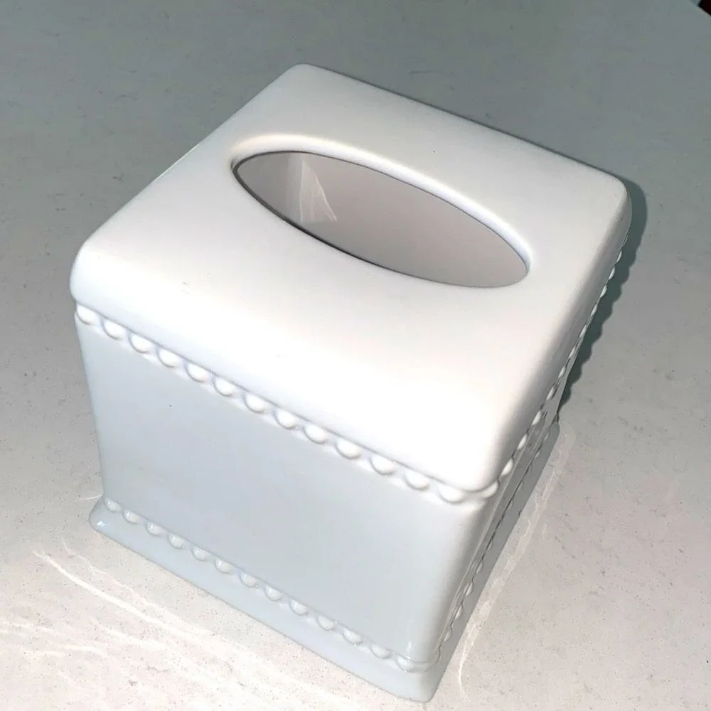 White Ceramic Beaded Tissue Box Cover Square Glossy Boutique Holder Vanity Decor